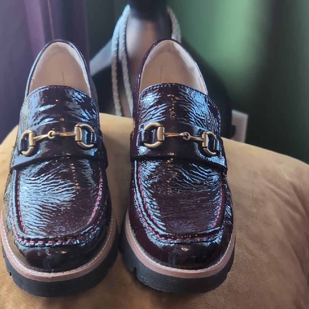 Shiny Burgundy Loafers with Gold Buckle By Sofft. NWOT